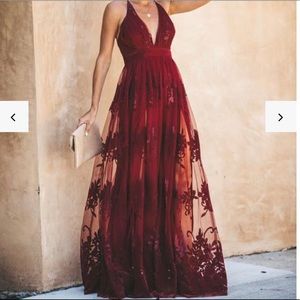 Vici wine red lace overlay maxi dress